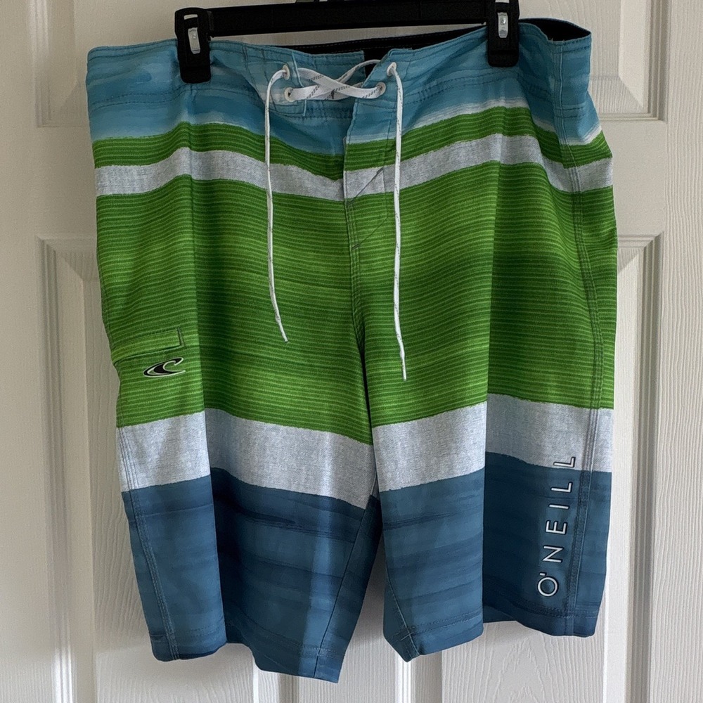 O'Neill Men's Striped Green/Blue/White Board Shorts Swim Trunks Drawstring 36